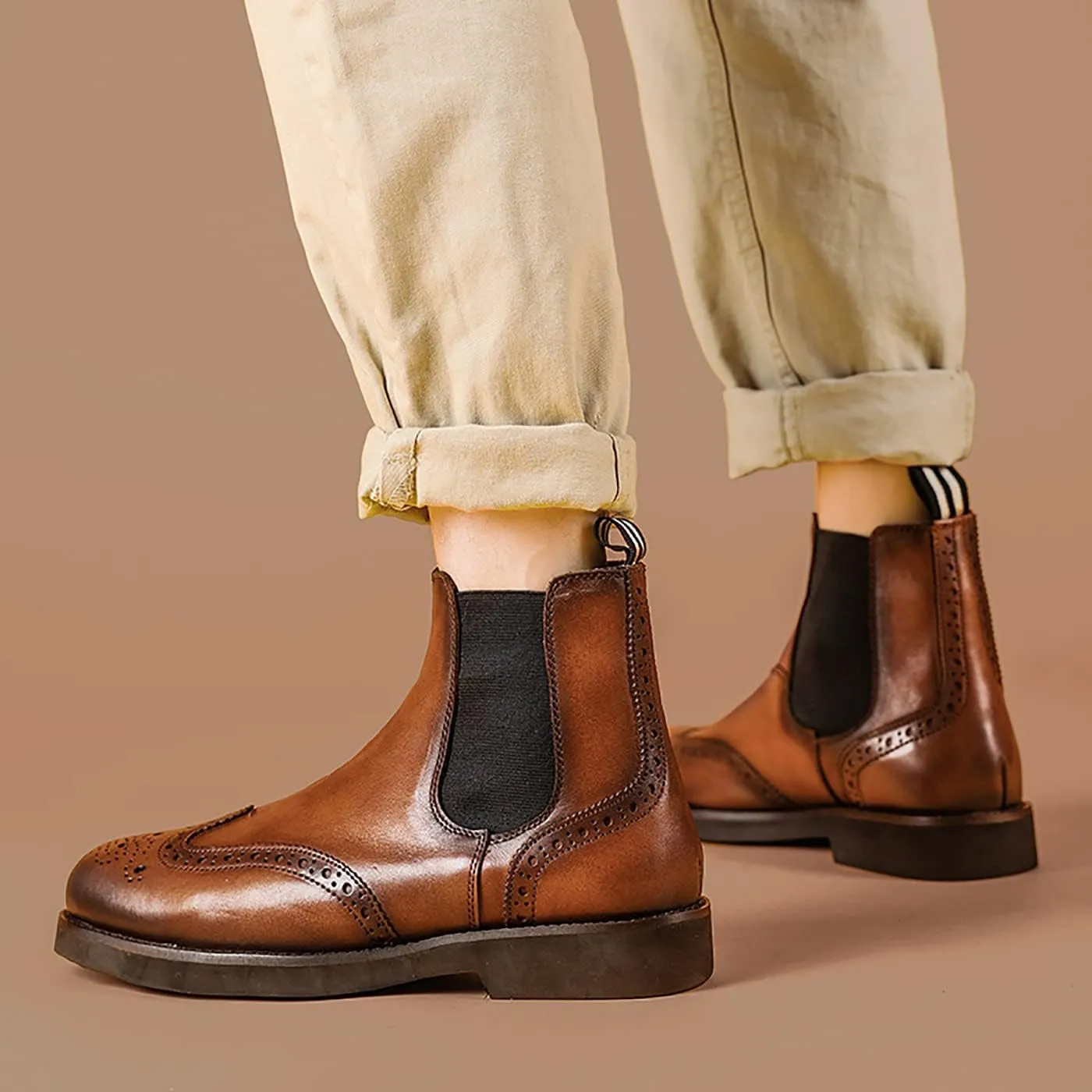 Santimon Brogues Wingtip Chelsea Boots Men Casual Dress Formal Leather Cowboy Boots Fashion Prom Business Wedding Western Ankle Boots for Mens Boys