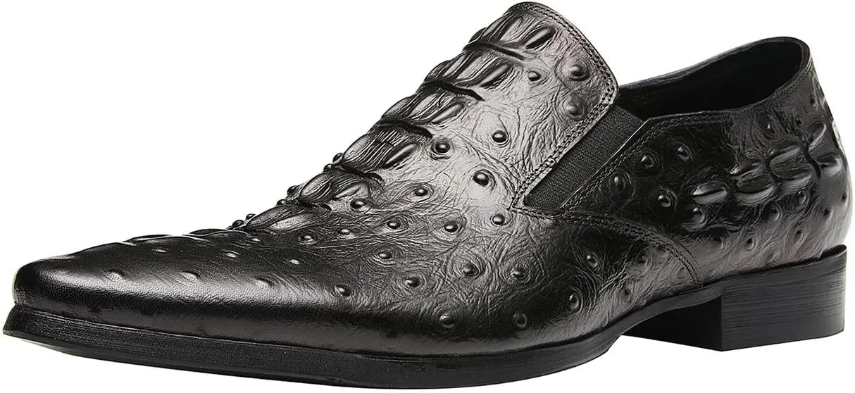 Santimon Casual Slip On Pointed-Toe Genuine Leather Alligator Patent Buttons Dress Loafers for Men Fashion Shoes Business Wedding Party Formal