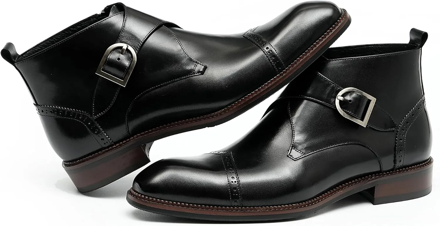 Santimon Chelsea Boots Men Formal Dress Ankle Boots Fashion Formal Genuine Leather Monk-Strap Brogues Chukka Boots Business Casual Wedding Boots for Men