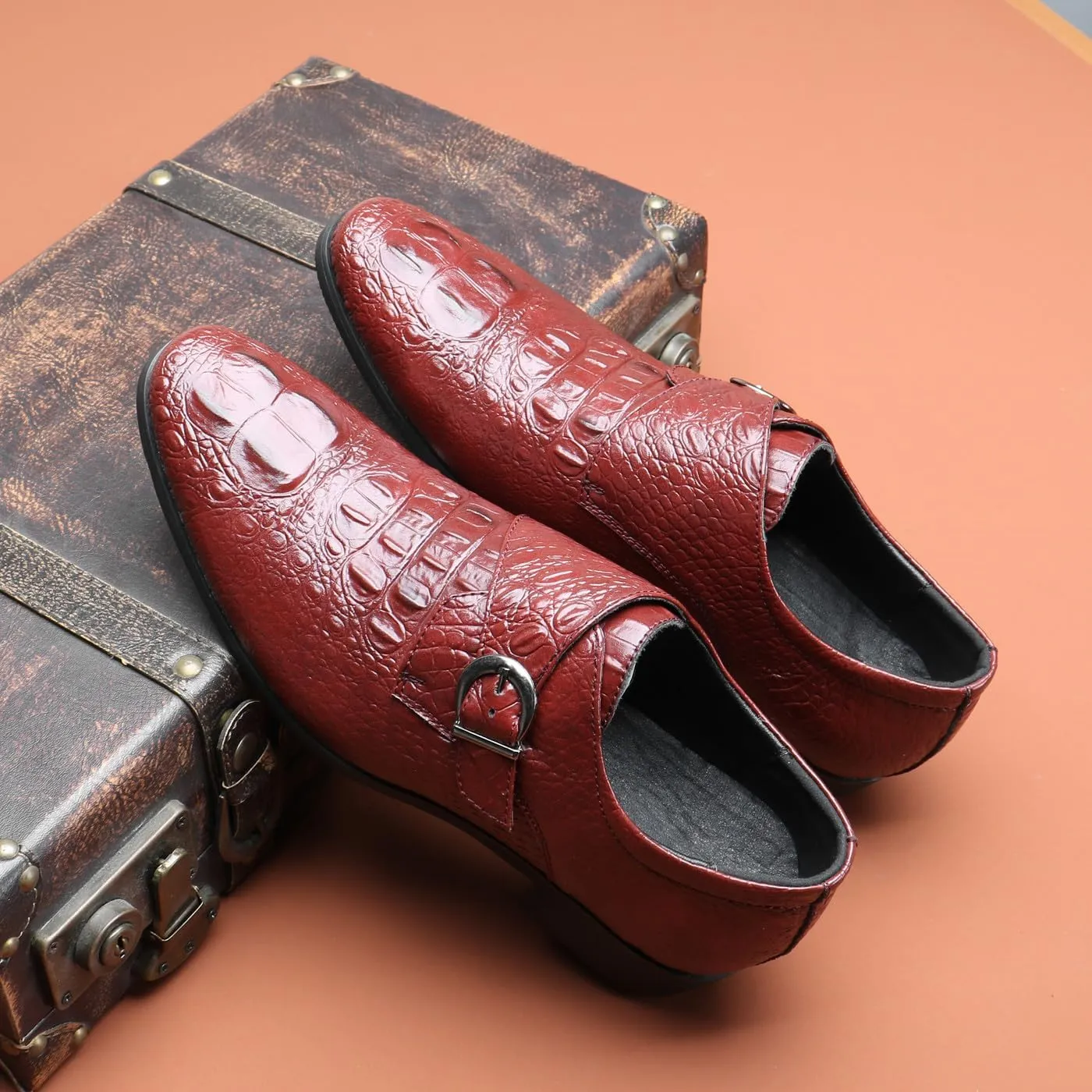 Santimon Men's Alligator Pattern Leather Buckle Monk Strap Loafers Formal Dress Shoes for Men