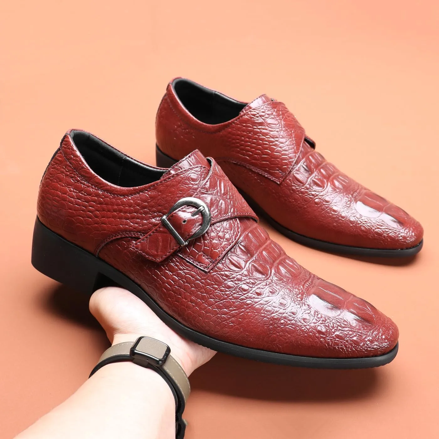 Santimon Men's Alligator Pattern Leather Buckle Monk Strap Loafers Formal Dress Shoes for Men
