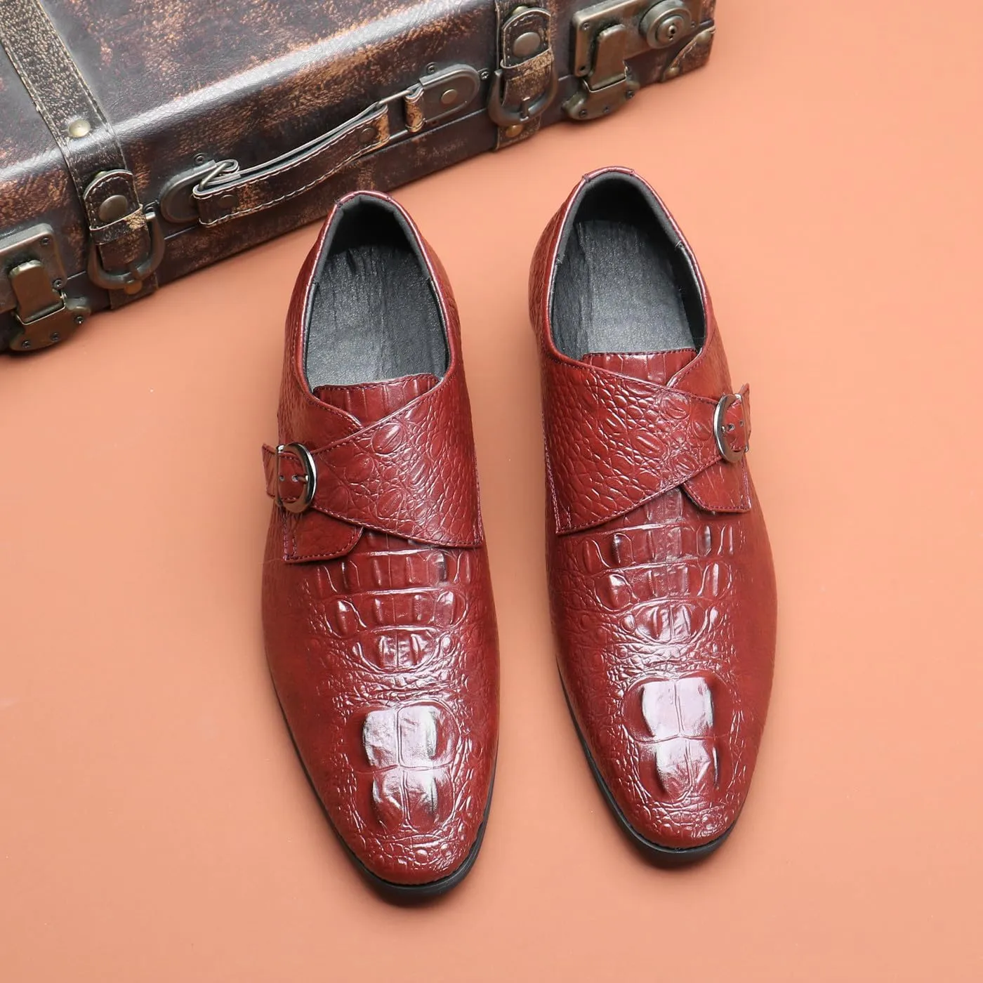 Santimon Men's Alligator Pattern Leather Buckle Monk Strap Loafers Formal Dress Shoes for Men