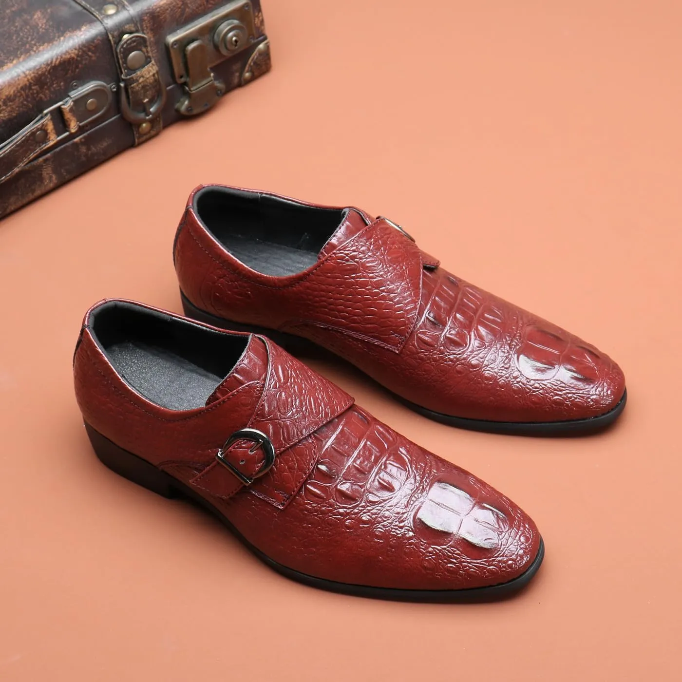Santimon Men's Alligator Pattern Leather Buckle Monk Strap Loafers Formal Dress Shoes for Men