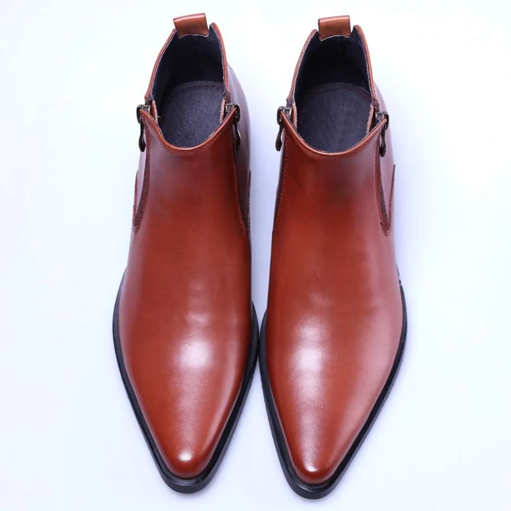 Santimon Men's Ankle Genuine Leather Dress Fashion Zipper Pointed Toe Casual Boots