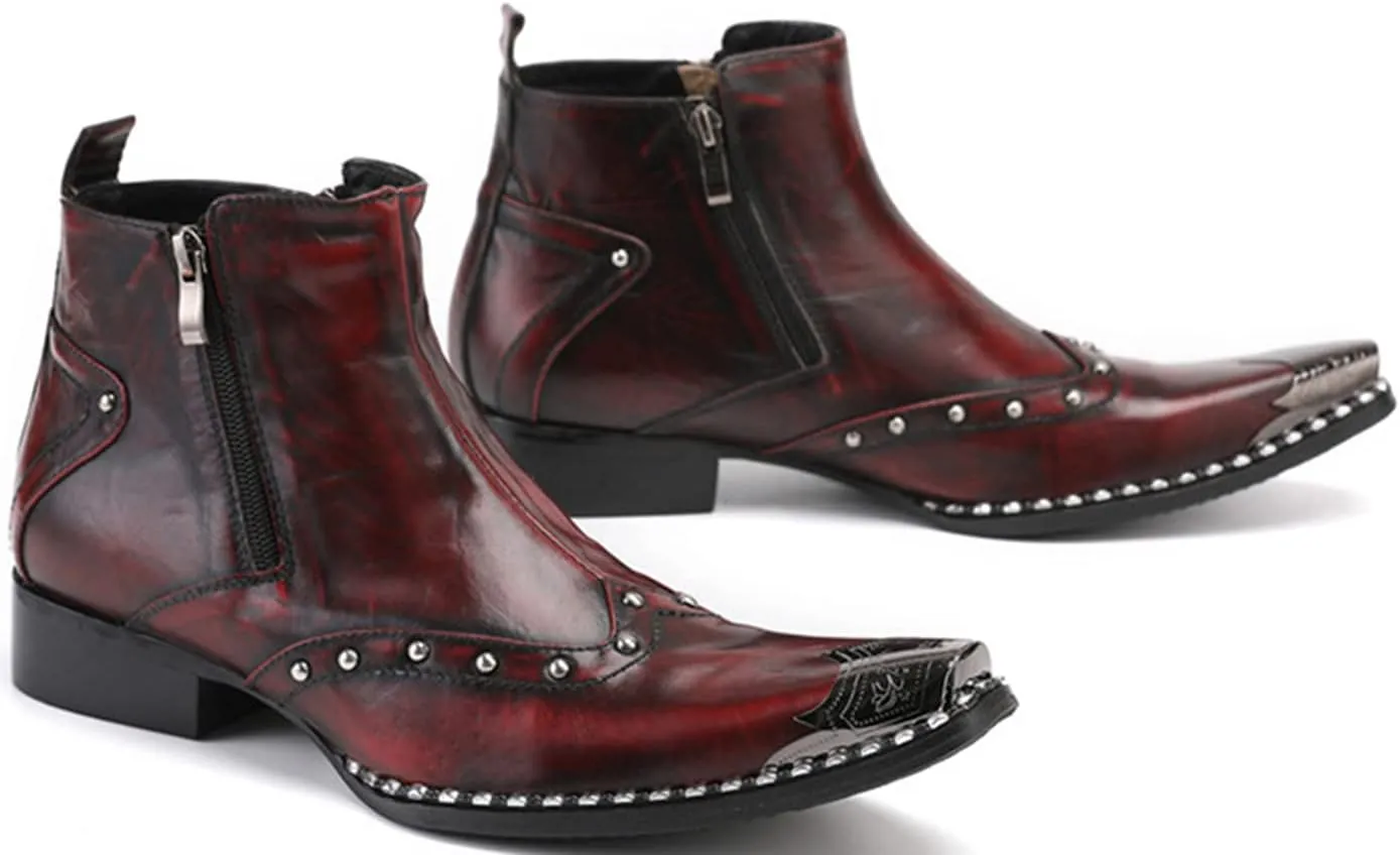 Santimon Mens Chelsea Boots Dress Casual Party Disco Western Boots Metal Pointed Toe Leather Double Zipper Beads Ankle Boots Singer Ballroom Wedding Prom Cowboy Boots