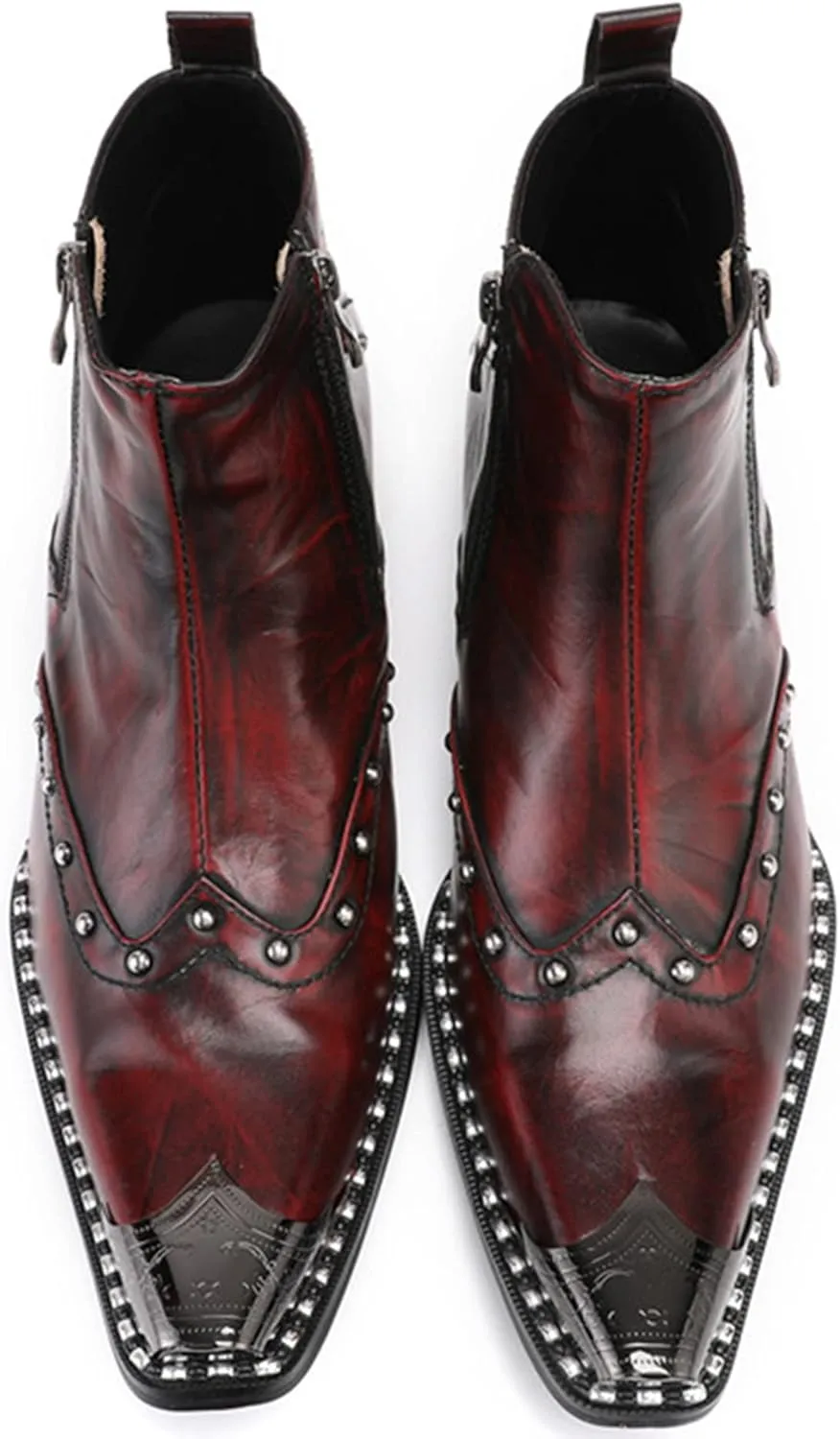 Santimon Mens Chelsea Boots Dress Casual Party Disco Western Boots Metal Pointed Toe Leather Double Zipper Beads Ankle Boots Singer Ballroom Wedding Prom Cowboy Boots