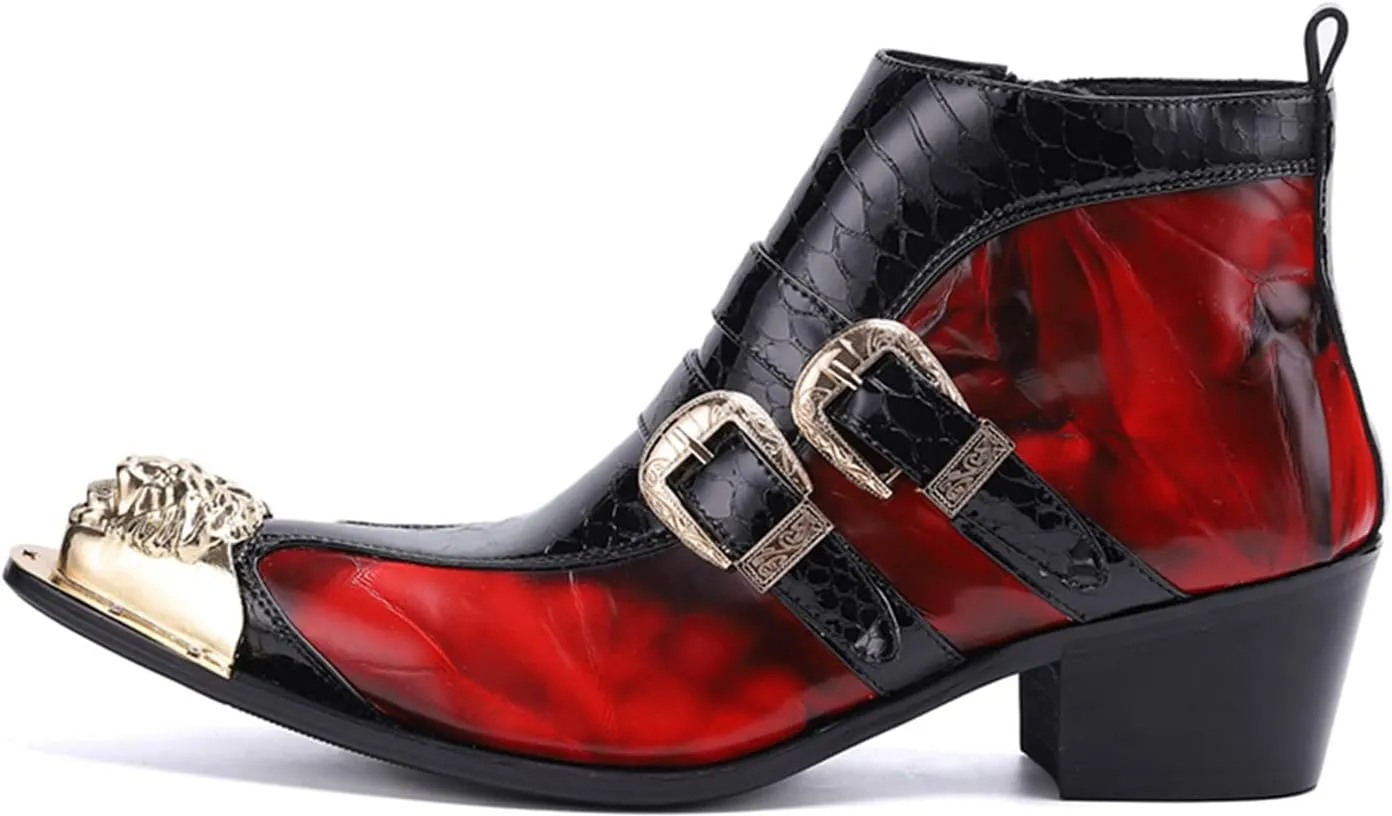 Santimon Men's Chelsea Boots - Genuine Leather Western Ankle Boots with Metal Tip-Toe, Zipper & Buckle - Two-Tone Dress & Casual Boots for Party, Disco & Singer