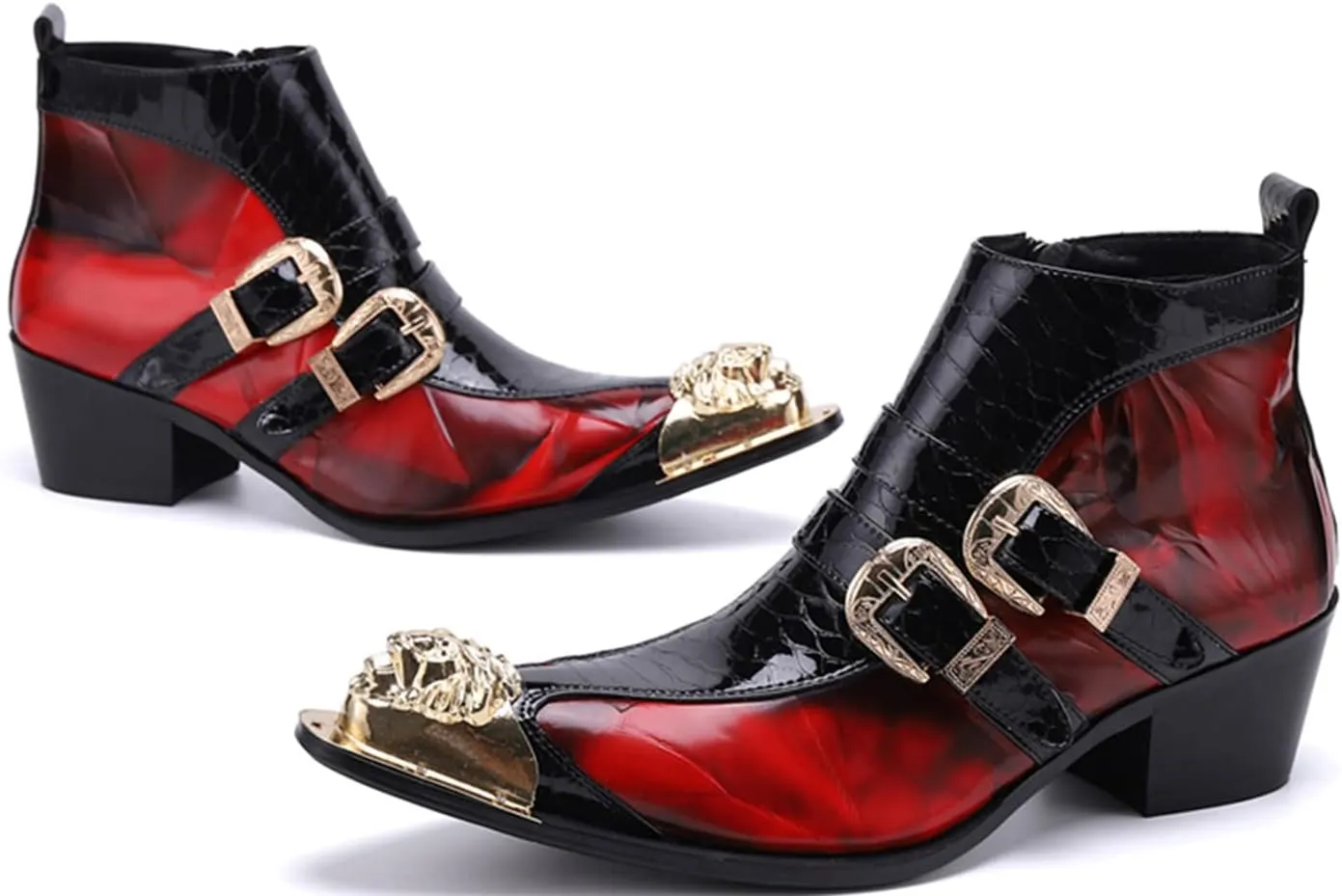 Santimon Men's Chelsea Boots - Genuine Leather Western Ankle Boots with Metal Tip-Toe, Zipper & Buckle - Two-Tone Dress & Casual Boots for Party, Disco & Singer