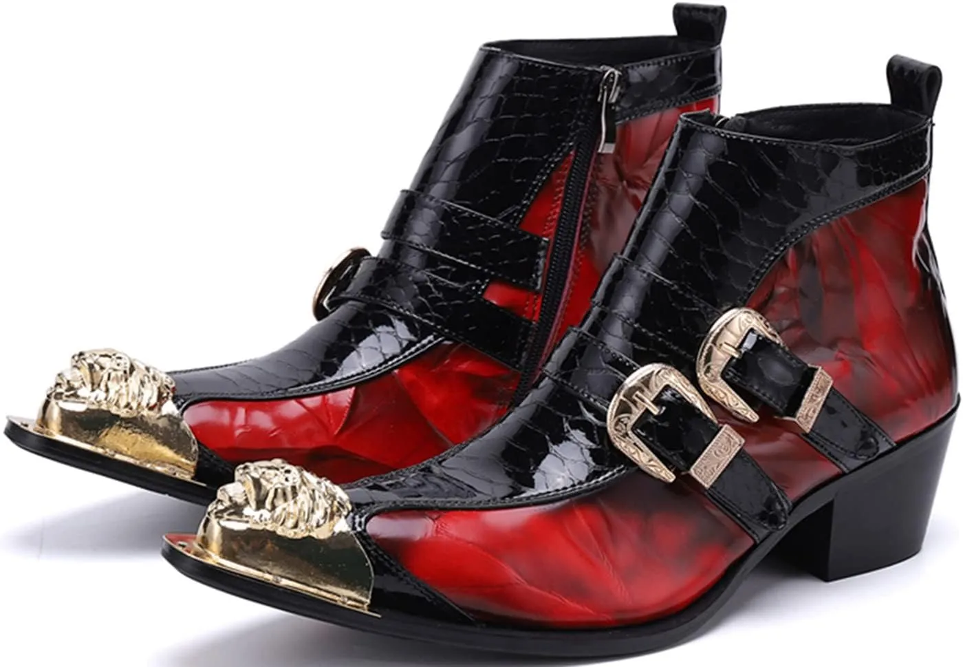 Santimon Men's Chelsea Boots - Genuine Leather Western Ankle Boots with Metal Tip-Toe, Zipper & Buckle - Two-Tone Dress & Casual Boots for Party, Disco & Singer