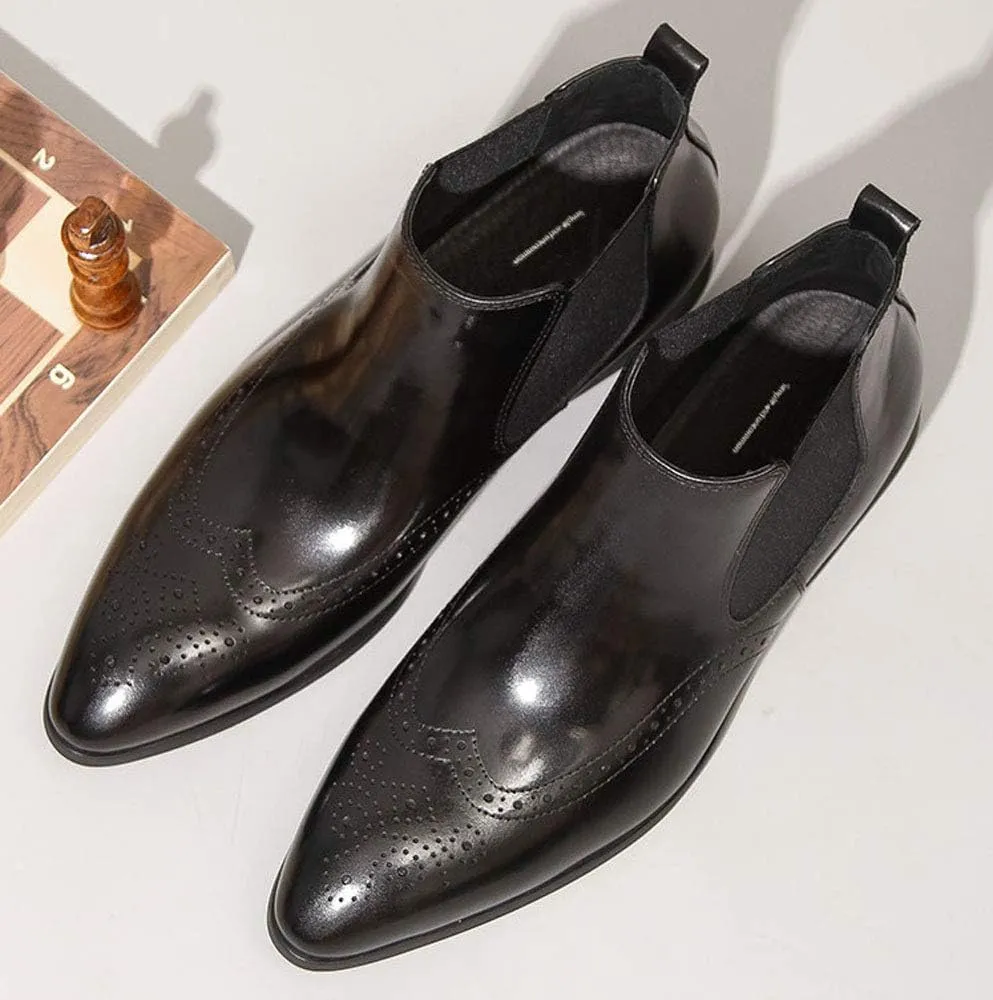 Santimon Mens Leather Chelsea Boots Brogue Slip on Dress Boots for Men Ankle Boots Black