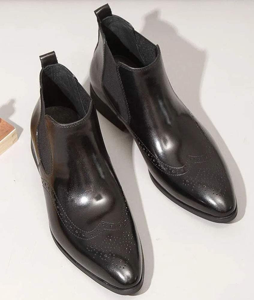 Santimon Mens Leather Chelsea Boots Brogue Slip on Dress Boots for Men Ankle Boots Black