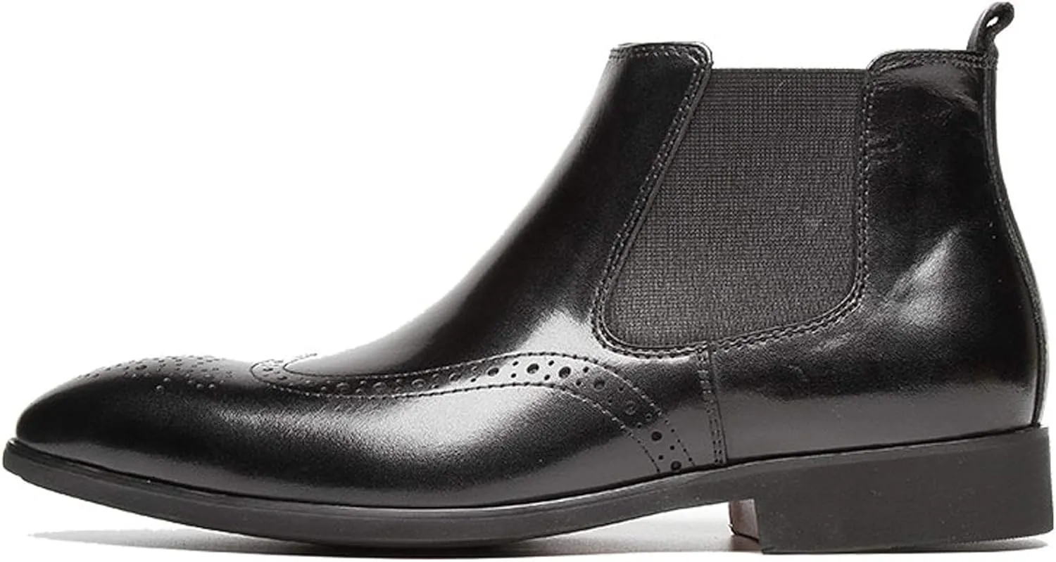 Santimon Mens Leather Chelsea Boots Brogue Slip on Dress Boots for Men Ankle Boots Black