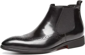 Santimon Mens Leather Chelsea Boots Brogue Slip on Dress Boots for Men Ankle Boots Black