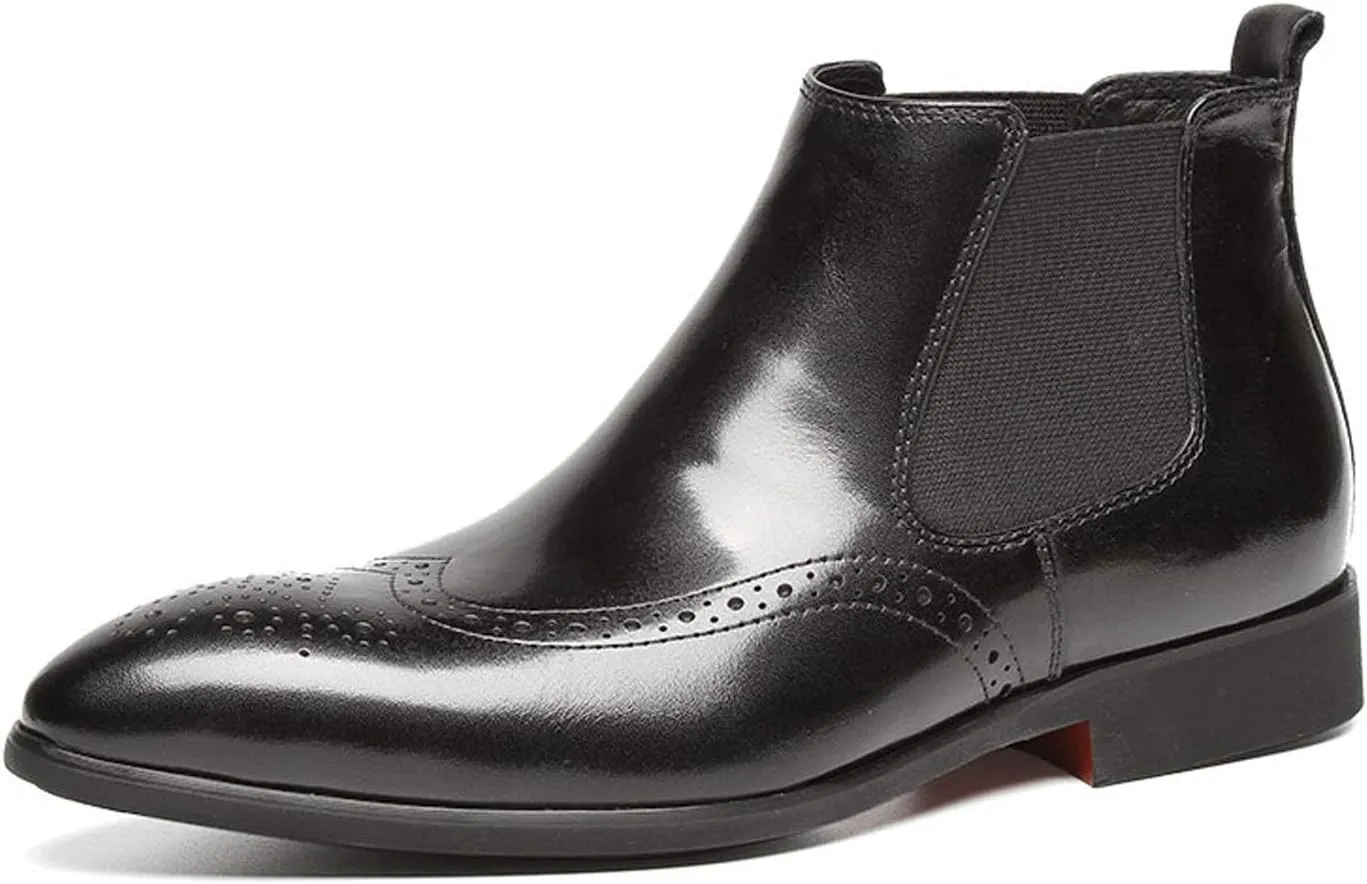 Santimon Mens Leather Chelsea Boots Brogue Slip on Dress Boots for Men Ankle Boots Black