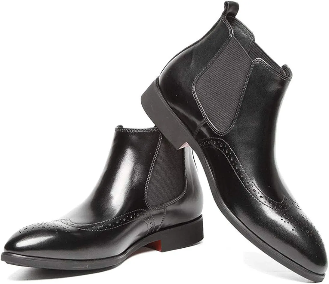 Santimon Mens Leather Chelsea Boots Brogue Slip on Dress Boots for Men Ankle Boots Black