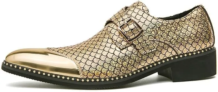 Santimon Men's Loafers Leather Gold & Silver Cap Toe Buckle Monk Shoes Party Wedding Prom Business Shoes