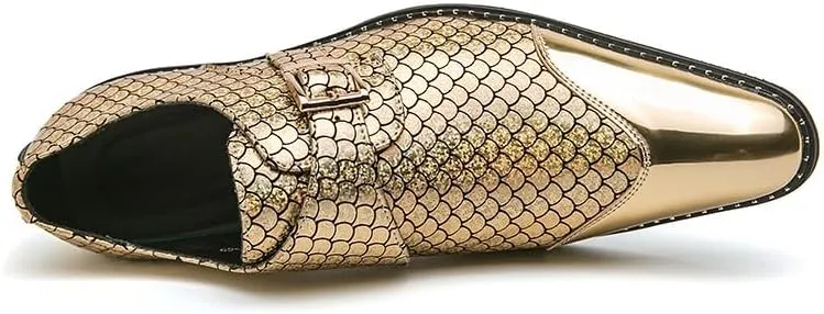 Santimon Men's Loafers Leather Gold & Silver Cap Toe Buckle Monk Shoes Party Wedding Prom Business Shoes