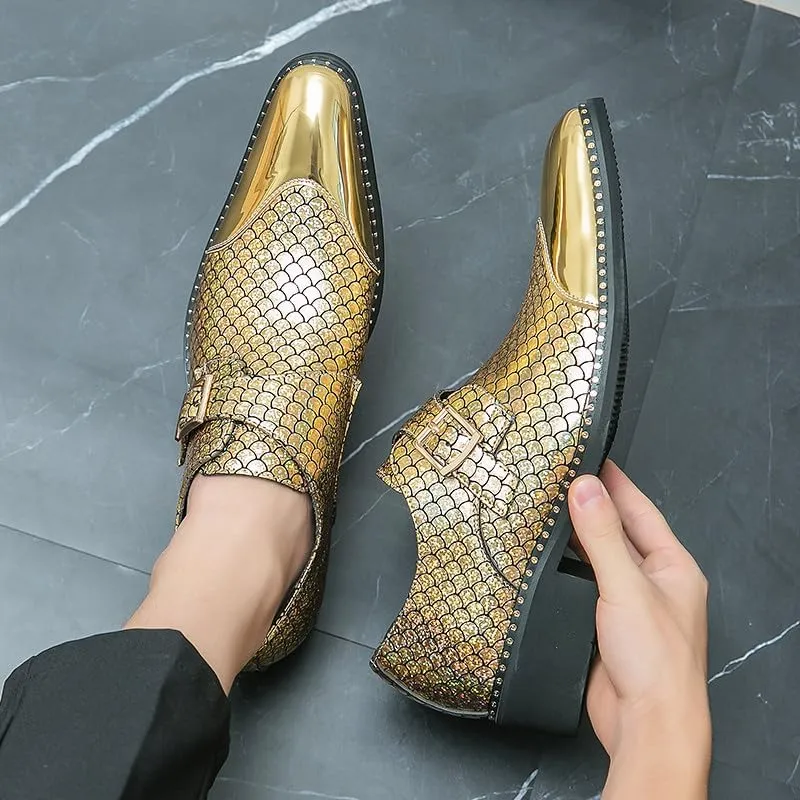 Santimon Men's Loafers Leather Gold & Silver Cap Toe Buckle Monk Shoes Party Wedding Prom Business Shoes