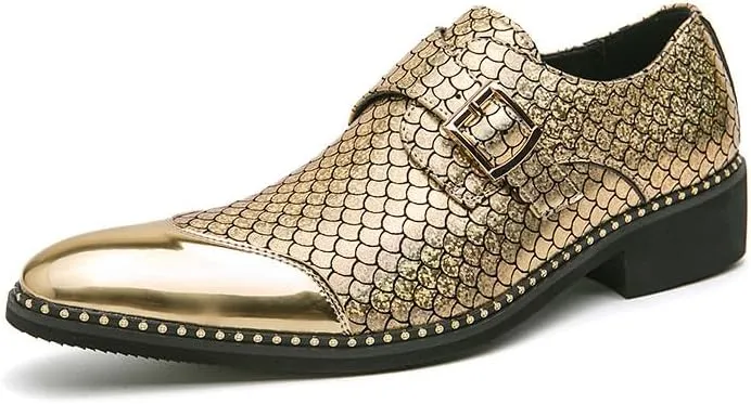 Santimon Men's Loafers Leather Gold & Silver Cap Toe Buckle Monk Shoes Party Wedding Prom Business Shoes