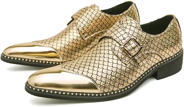 Santimon Men's Loafers Leather Gold & Silver Cap Toe Buckle Monk Shoes Party Wedding Prom Business Shoes