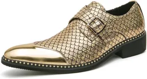 Santimon Men's Loafers Leather Gold & Silver Cap Toe Buckle Monk Shoes Party Wedding Prom Business Shoes