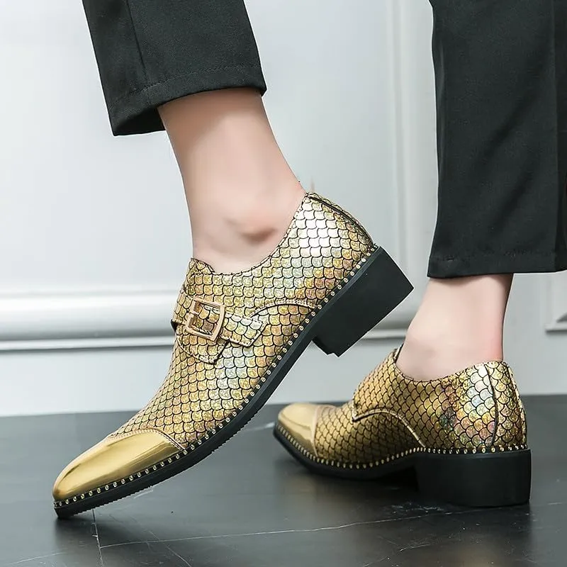 Santimon Men's Loafers Leather Gold & Silver Cap Toe Buckle Monk Shoes Party Wedding Prom Business Shoes