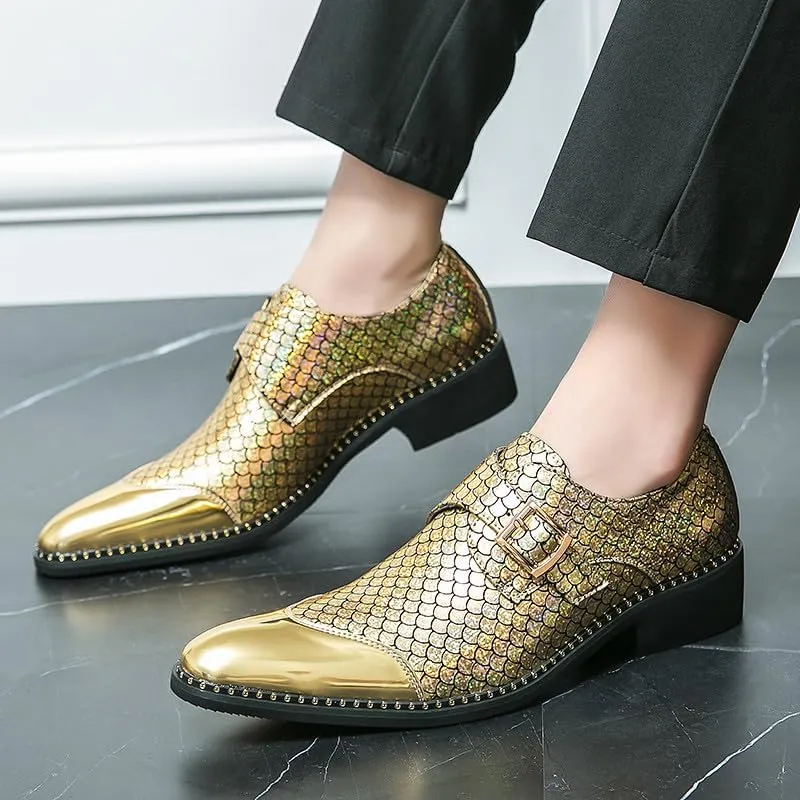 Santimon Men's Loafers Leather Gold & Silver Cap Toe Buckle Monk Shoes Party Wedding Prom Business Shoes