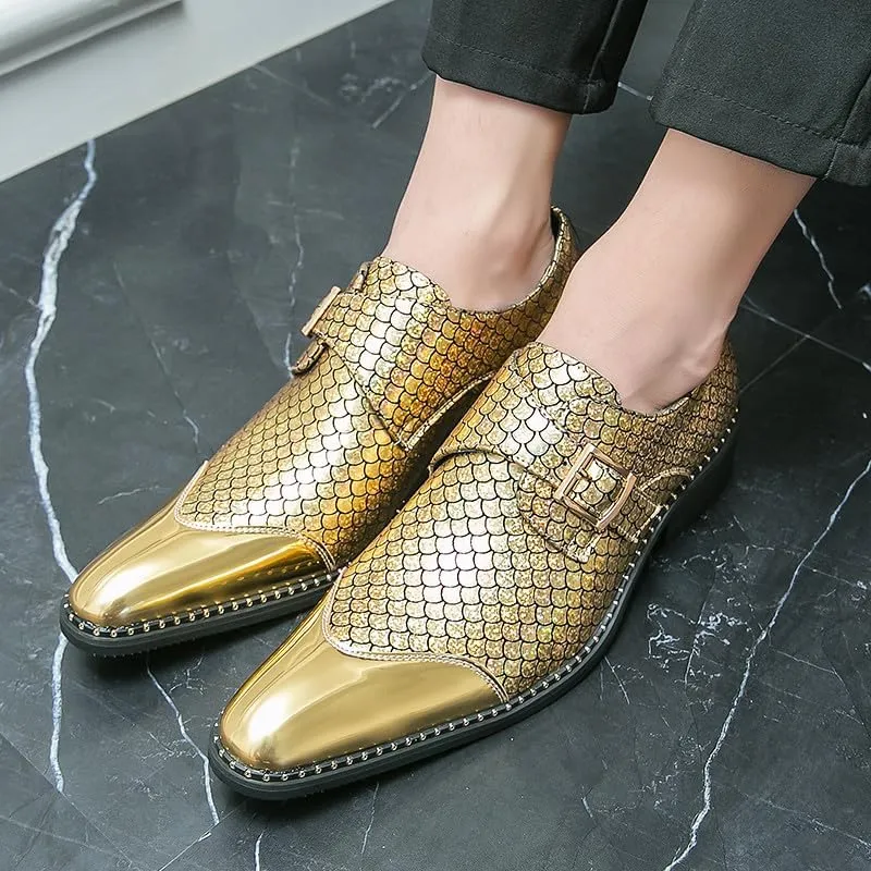 Santimon Men's Loafers Leather Gold & Silver Cap Toe Buckle Monk Shoes Party Wedding Prom Business Shoes