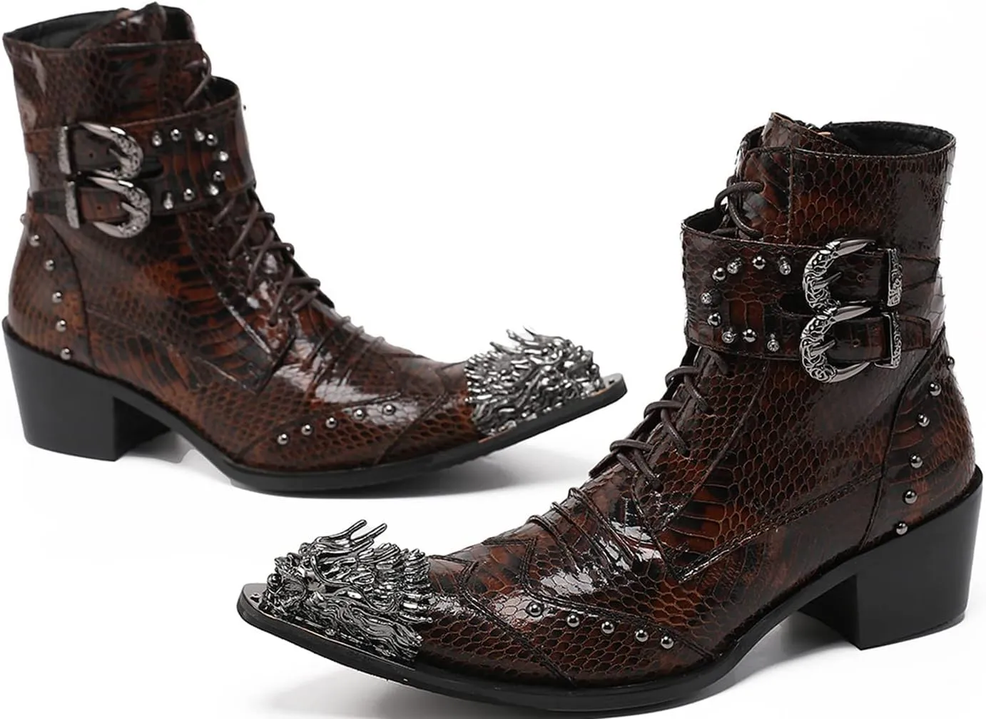 Santimon Mens Oxfords Boots Casual Dress Cowboy Boots Genuine Leather Metal Wingtip Toe Rivets Western Boots Fashion Prom Wedding Ballroom Tuxedo Party Disco Rock Singer Mid Top Boots for Men