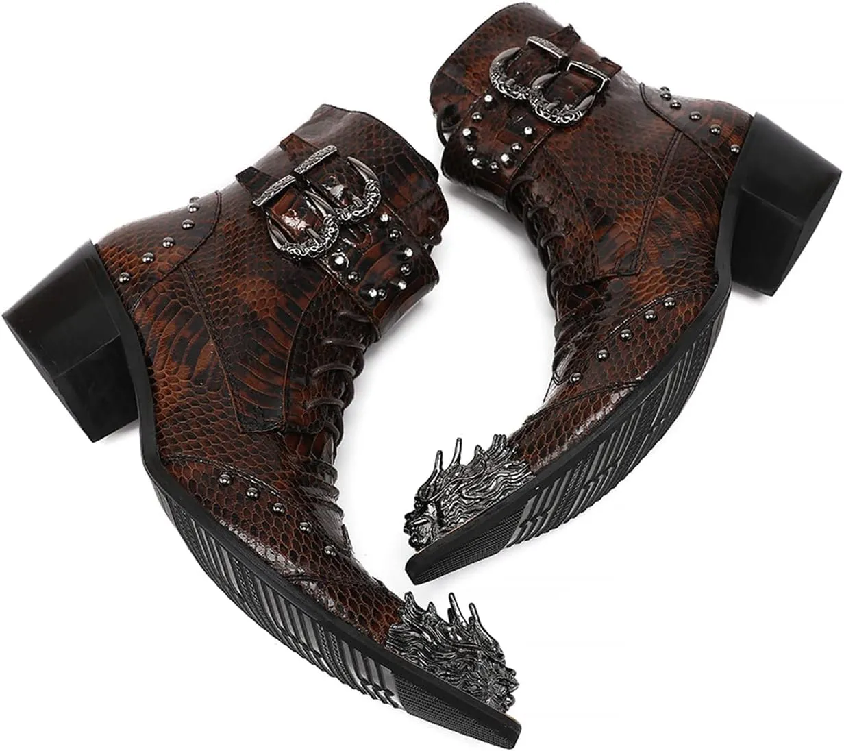Santimon Mens Oxfords Boots Casual Dress Cowboy Boots Genuine Leather Metal Wingtip Toe Rivets Western Boots Fashion Prom Wedding Ballroom Tuxedo Party Disco Rock Singer Mid Top Boots for Men