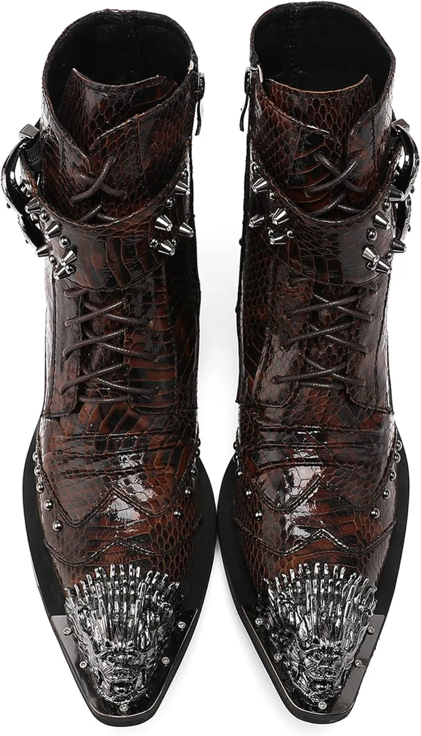 Santimon Mens Oxfords Boots Casual Dress Cowboy Boots Genuine Leather Metal Wingtip Toe Rivets Western Boots Fashion Prom Wedding Ballroom Tuxedo Party Disco Rock Singer Mid Top Boots for Men