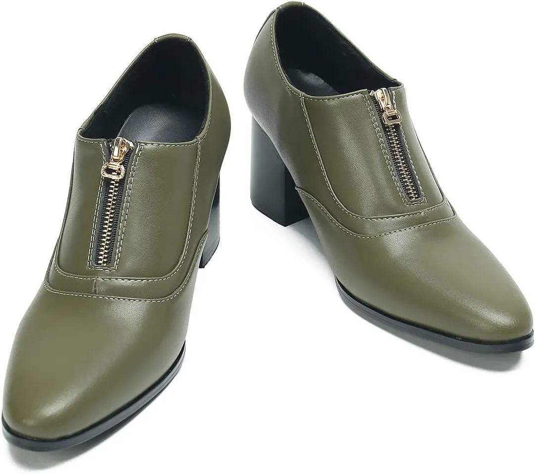 Santimon Men's Pump Slip On Loafers Party Dress Casual Leather Shoes Fashion Western Prom Wedding Disco Zipper Heels Shoes for Men Boys