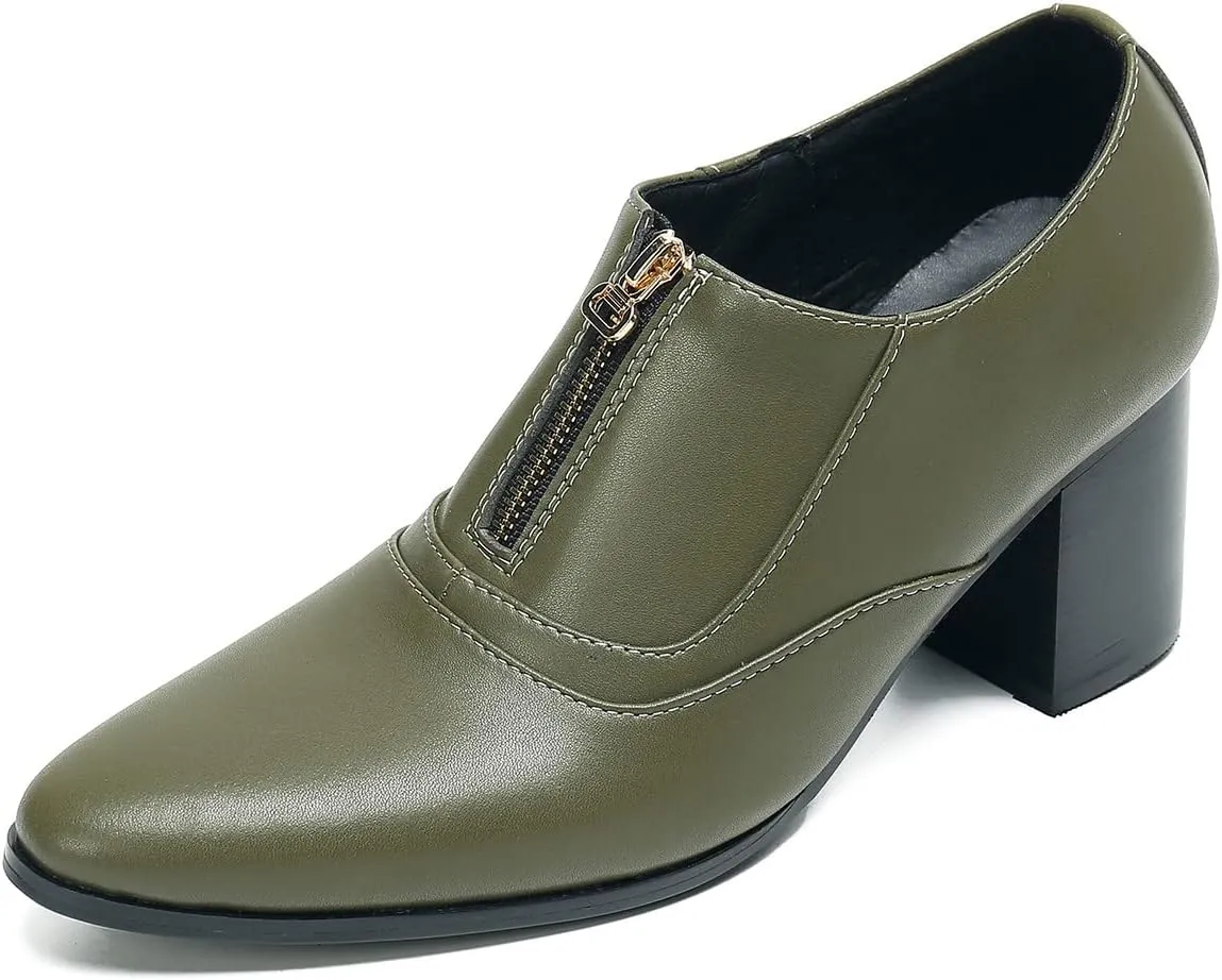 Santimon Men's Pump Slip On Loafers Party Dress Casual Leather Shoes Fashion Western Prom Wedding Disco Zipper Heels Shoes for Men Boys