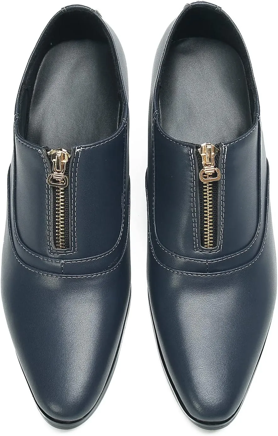 Santimon Men's Pump Slip On Loafers Party Dress Casual Leather Shoes Fashion Western Prom Wedding Disco Zipper Heels Shoes for Men Boys