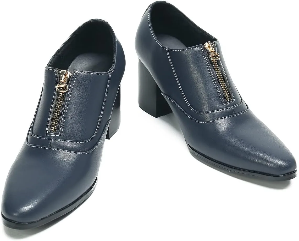 Santimon Men's Pump Slip On Loafers Party Dress Casual Leather Shoes Fashion Western Prom Wedding Disco Zipper Heels Shoes for Men Boys