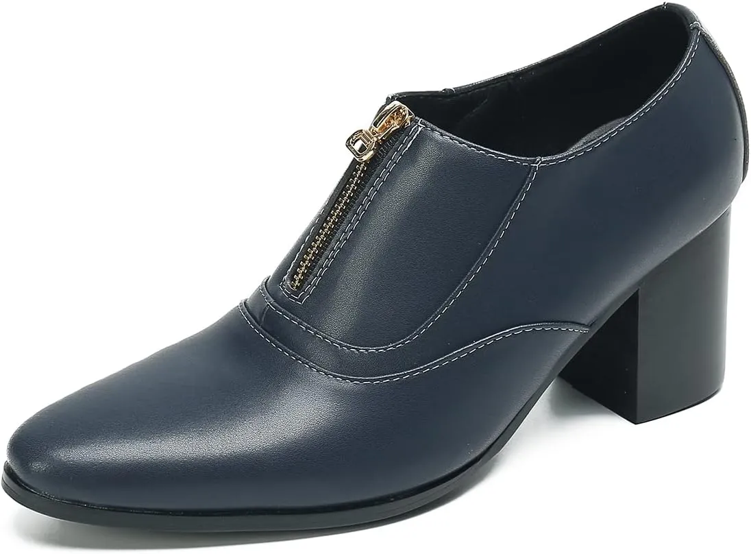 Santimon Men's Pump Slip On Loafers Party Dress Casual Leather Shoes Fashion Western Prom Wedding Disco Zipper Heels Shoes for Men Boys