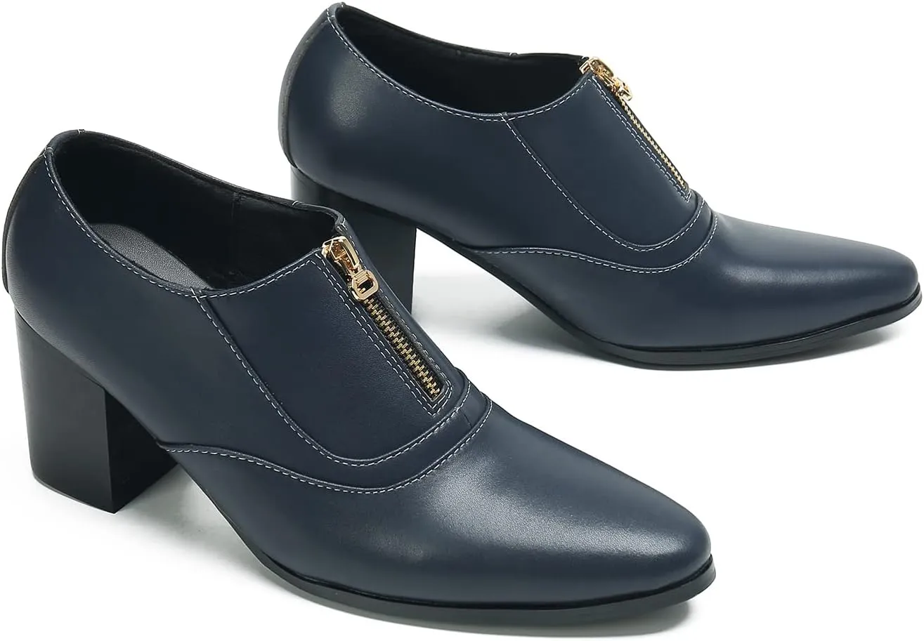 Santimon Men's Pump Slip On Loafers Party Dress Casual Leather Shoes Fashion Western Prom Wedding Disco Zipper Heels Shoes for Men Boys
