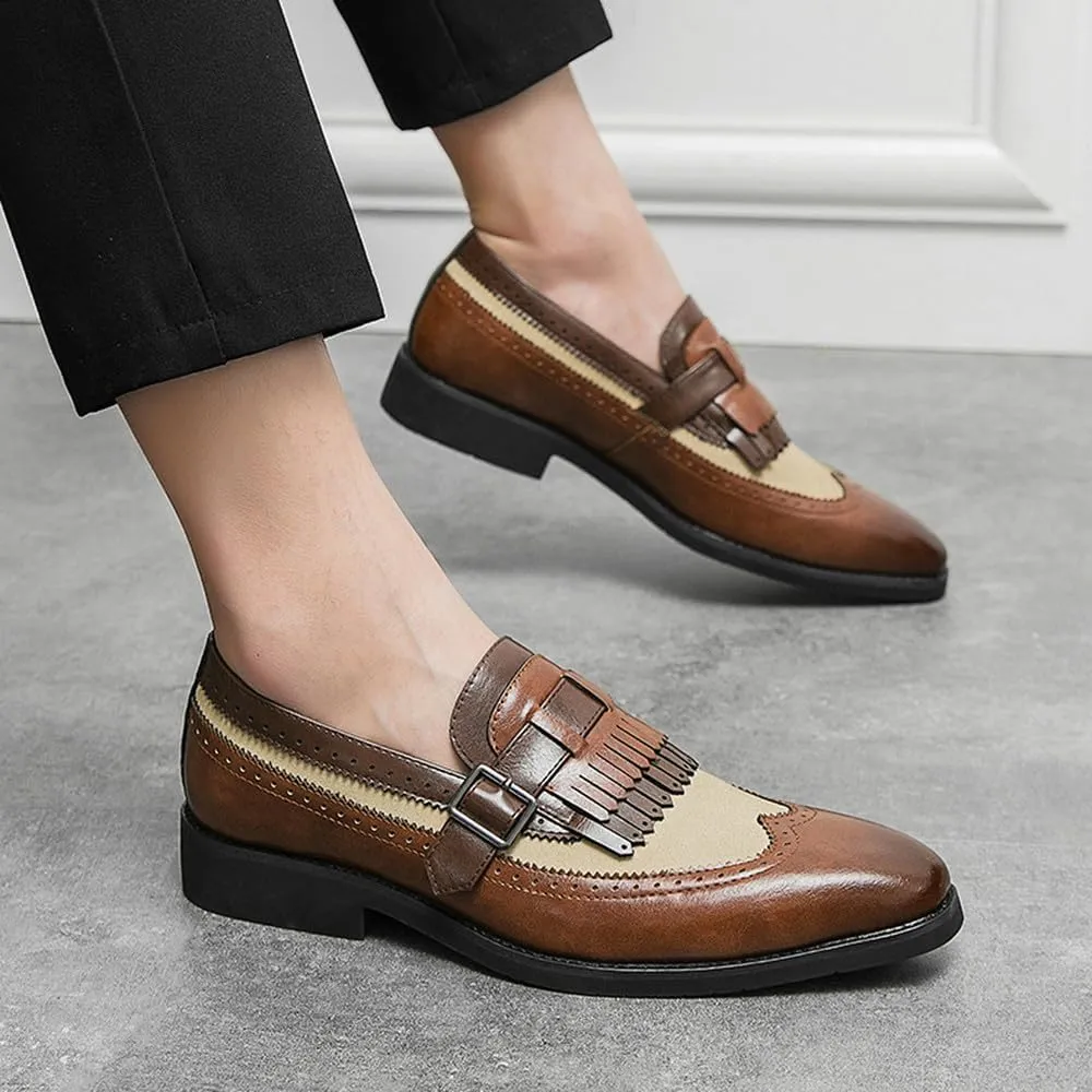 Santimon Men's Wingtip Brogue Leather Fringed Loafers Monk Strap Slip-On Spectator Shoes Black White Brown