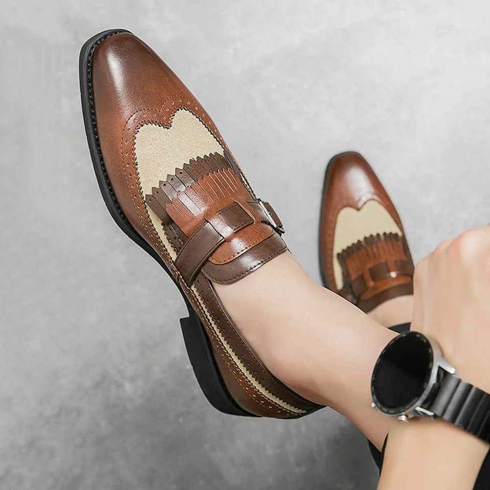 Santimon Men's Wingtip Brogue Leather Fringed Loafers Monk Strap Slip-On Spectator Shoes Black White Brown