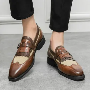 Santimon Men's Wingtip Brogue Leather Fringed Loafers Monk Strap Slip-On Spectator Shoes Black White Brown