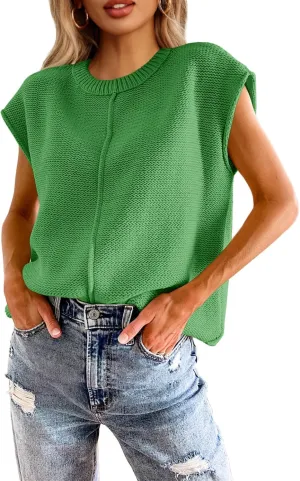 Saodimallsu Womens Summer Cap Sleeve Tops Casual Crew Neck Loose Fit Knit Lightweight Sweater Pullover Top