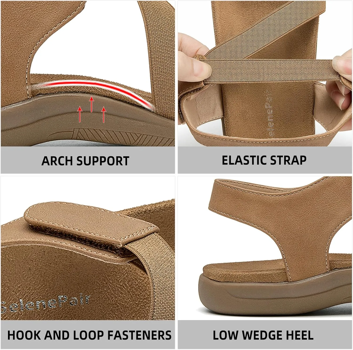 SelenePair Women's Arch Support Walking Flat Sandals Comfort Orthotic Slides With Hook And Loop Fasteners
