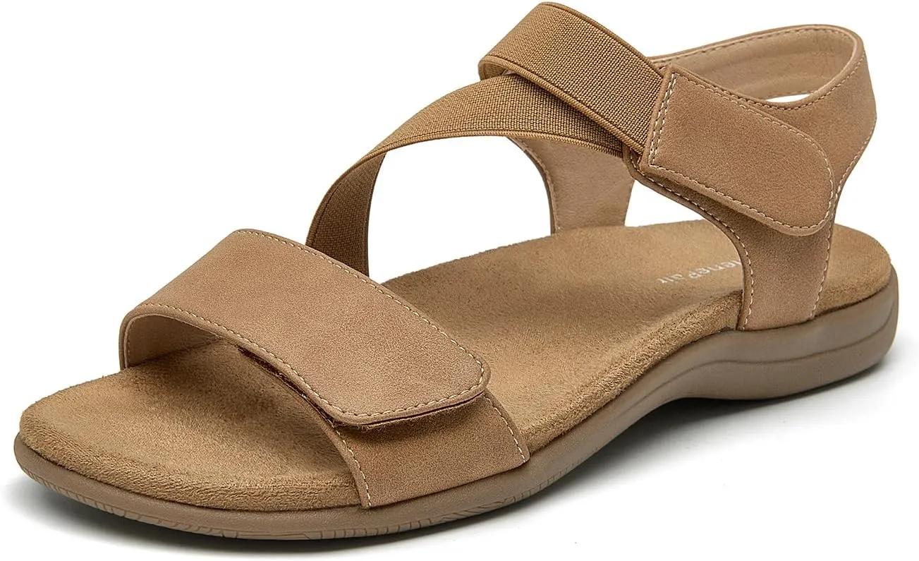 SelenePair Women's Arch Support Walking Flat Sandals Comfort Orthotic Slides With Hook And Loop Fasteners