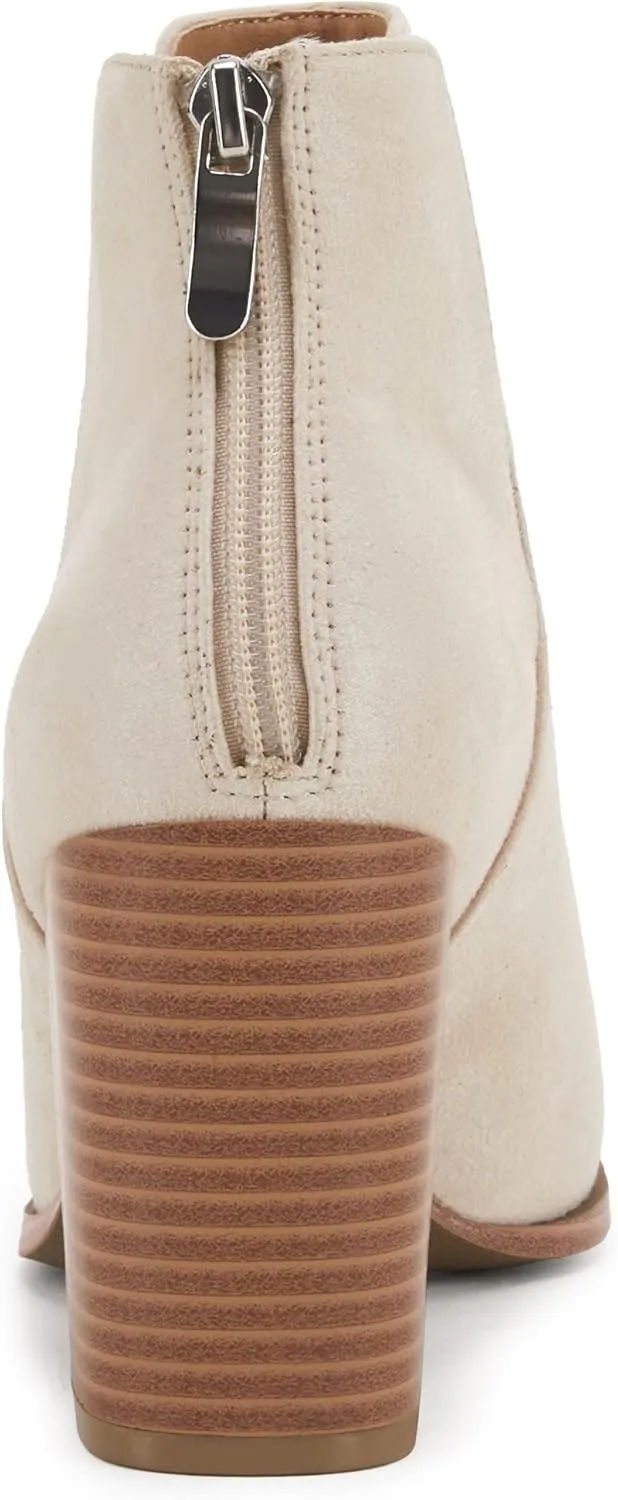 SERAIH Womens Pointed Toe Ankle Booties Stacked Mid Block Heel Cutout Back Zipper Shoes Faux Leather Boots