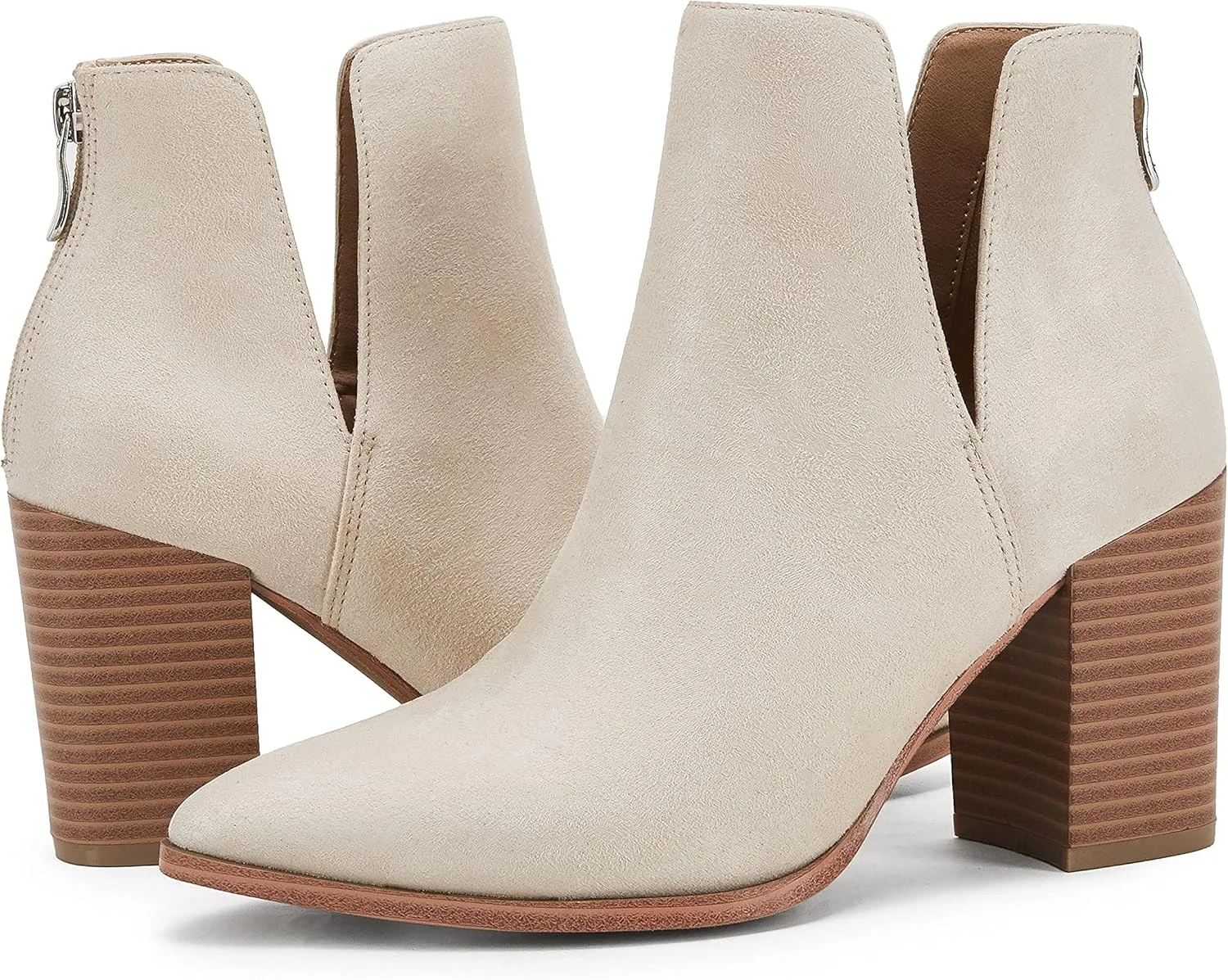 SERAIH Womens Pointed Toe Ankle Booties Stacked Mid Block Heel Cutout Back Zipper Shoes Faux Leather Boots