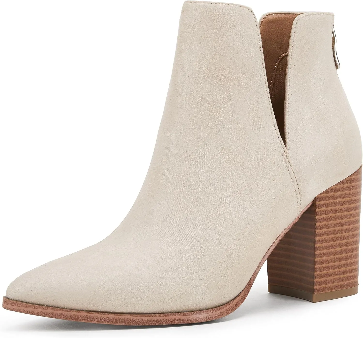SERAIH Womens Pointed Toe Ankle Booties Stacked Mid Block Heel Cutout Back Zipper Shoes Faux Leather Boots
