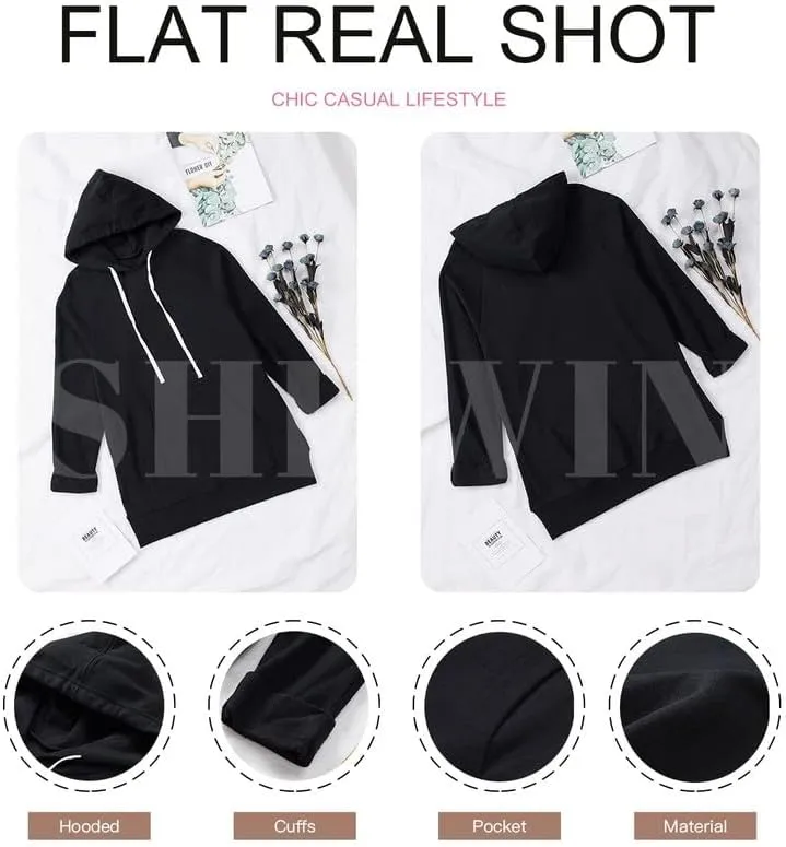 SHEWIN Women's Oversized Casual Pullover Long Sleeve Split Hem Drawstring Hoodies Dress With Kangaroo Pocket