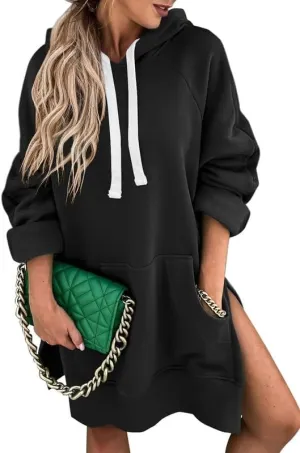 SHEWIN Women's Oversized Casual Pullover Long Sleeve Split Hem Drawstring Hoodies Dress With Kangaroo Pocket