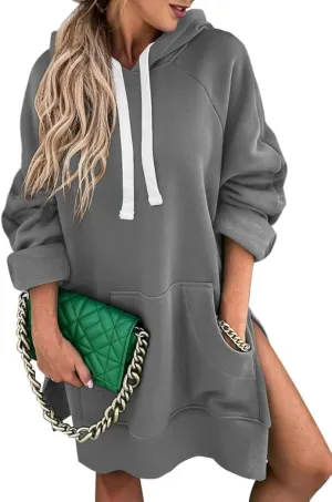 SHEWIN Women's Oversized Casual Pullover Long Sleeve Split Hem Drawstring Hoodies Dress With Kangaroo Pocket