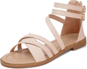 SHIBEVER Gladiator Strappy Sandals for Women: Dressy Summer Comfortable Flat, Back Zipper Roman Comfy Womens Sandals